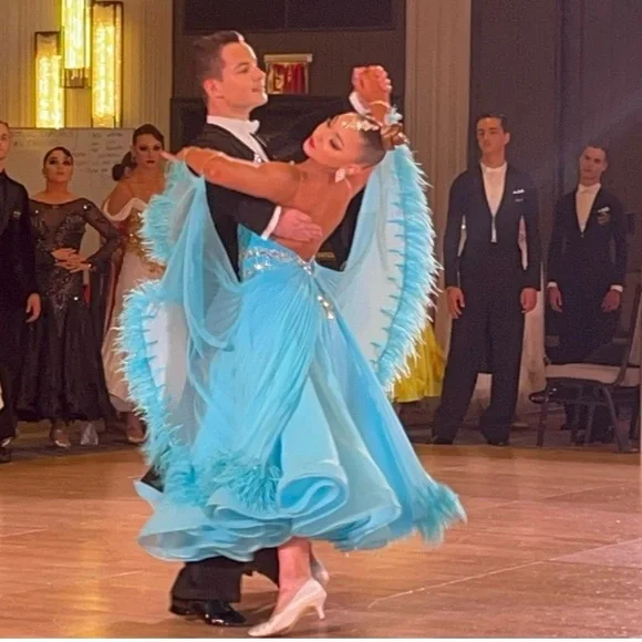 Elegant Blue Feathered Ballroom Dress - Picture 5 of 6